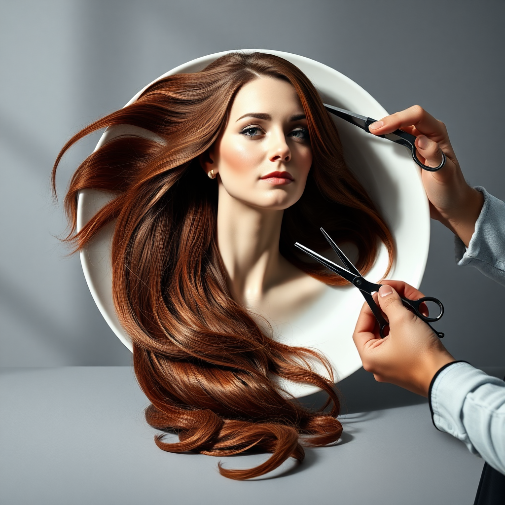 In a strikingly surreal scene, a beautifully crafted porcelain plate holds the disembodied head of a graceful Kate Middleton, her long, flowing hair cascading around like a luxurious waterfall of silky strands, shimmering in various shades of deep chestnut. Each hair seems to catch the light, creating an almost ethereal glow. Nearby, a meticulous hairdresser, dressed in a sleek black apron, carefully snips away at Kate's locks with precision scissors, their actions fluid and deliberate, emphasizing the delicate artistry of the moment.

The setting boasts minimalist decor, with a plain gray background that heightens the focus on this bizarre tableau. Soft shadows play across the smooth surface of the plate, enhancing the haunting beauty of Kate's serene expression, which conveys both elegance and an uncanny sense of stillness. The atmosphere is a blend of surreal calm and unsettling intrigue, pulling the viewer into a dreamlike space where reality and imagination intertwine. Gentle noises of scissors softly clipping away hair are the only sounds in this peculiar yet captivating scenario, heightening the tension and drawing viewers into this striking juxtaposition of beauty and the bizarre.