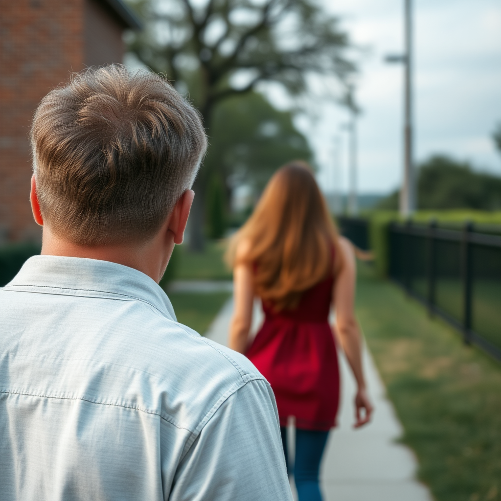 Picture of a 30 year old man who's crying while a beautiful 30 year old woman walks away from him. You see the woman's backside walking away from the man.