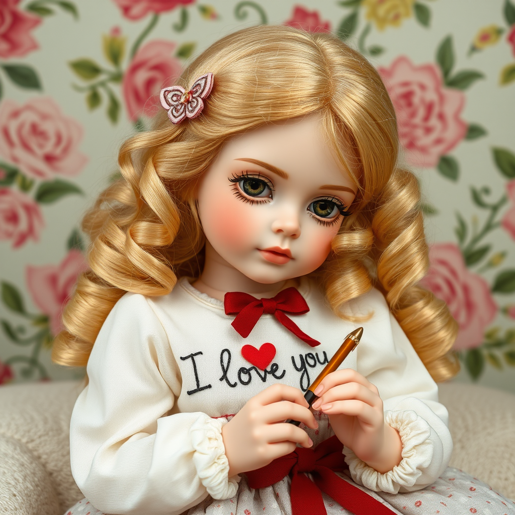 ooak art doll writing "I love you", artist doll, realistic doll, life-like porcelain doll, young preteen girl, unique personality, bisque doll, floral wallpaper