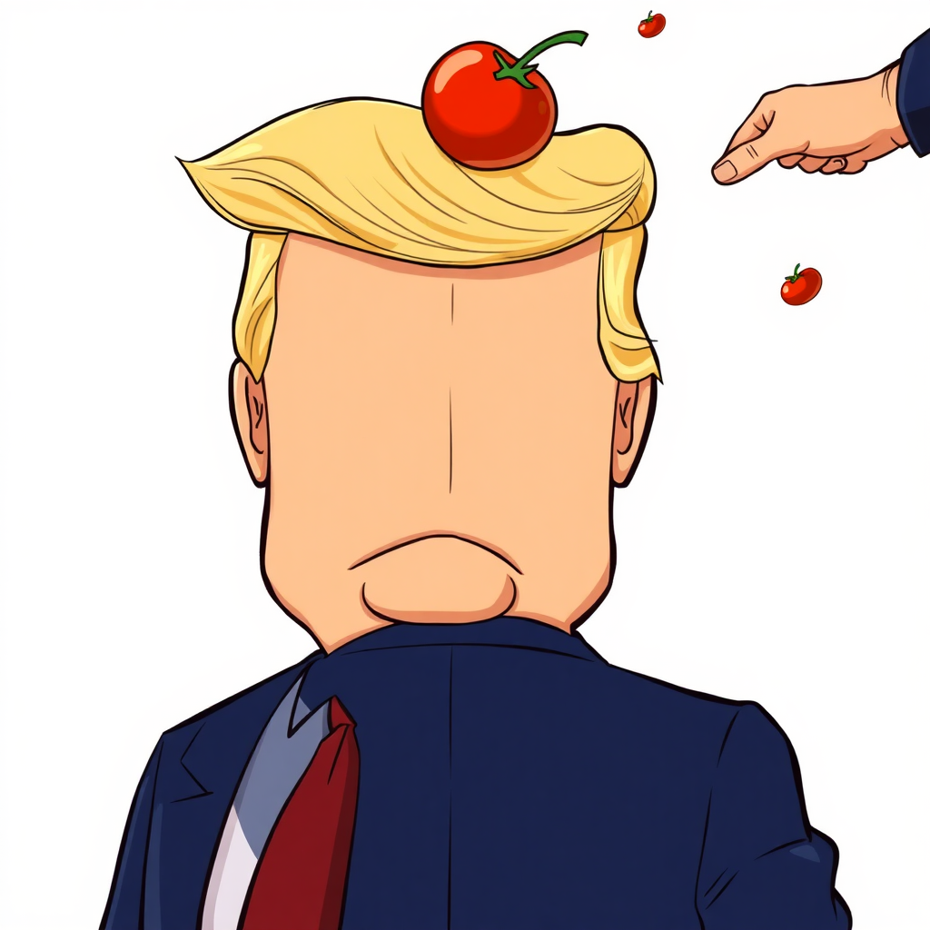 A cartoon of Donald Trump (seen in front. SO THAT YOU CAN SEE HIS FACE!!!!!) where someone throws a tomato at the back of his head.