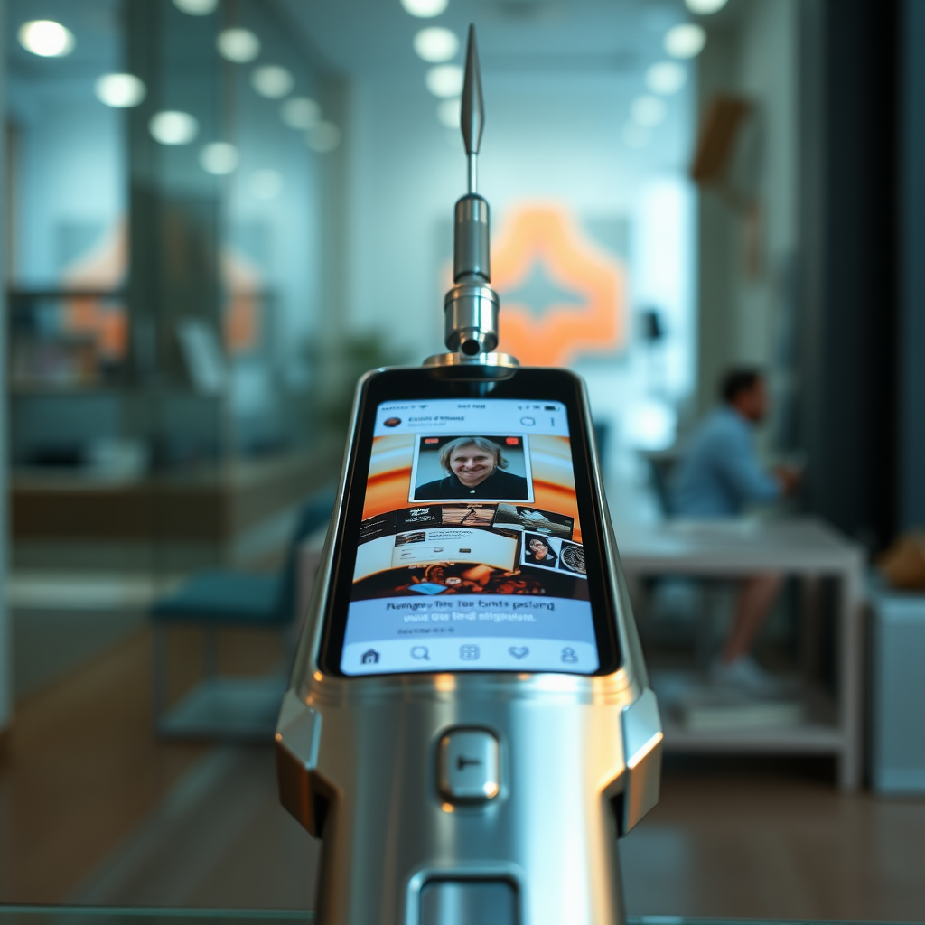 A close-up front view of a mobile phone in the shape inspired by a syringe, metallic futuristic, kept for sale, in a showroom, metallic body, touchscreen phone with Instagram page open on screen, needle on top, whitepunk.