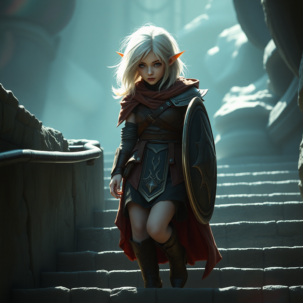 A twenty-something elf girl like (Ana de Armas). Messy shoulder-length white hair. Wide triangular shoulder pads, flowing cloak, leather armor, shield, skirt, high heel ankle boots. She is going down steps like in Ultima Underworld. WLOP style. Photorealistic digital matte painting, highly detailed, film grain, lens flare, chromatic aberration.