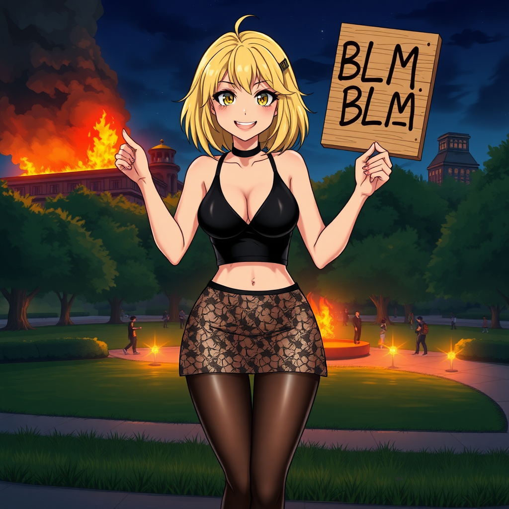 Anime art of a woman, medium blonde hair, a black, sleeveless crop top that reveals the woman's black bra and a high-waisted, wicked smile, large breast, patterned transparent mini skirt that showcases a mix of black and white colors. She is also wearing black sheer tights and black sneakers with white laces, holding wooden sign in 2 hands which says "BLM" in air. Park and 1 building on fire at night from riots background,