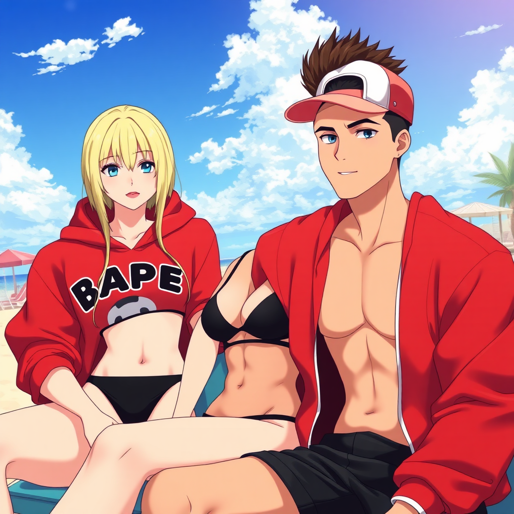 A high-quality anime art of a scene in Miami Beach, Florida, 3 people, a white-ghetto blond girl with blue eyes wearing a black micro bikini under a red BAPE hoodie with red lips, a handsome white Latino male with a sideways cap and brown-dark faux hawk hair sitting next to her.