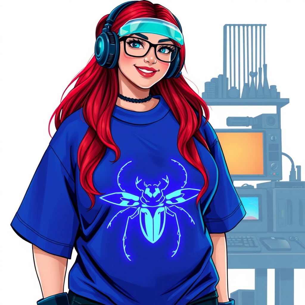 A cyberpunk vigilante’s full-figured intelligent and tech-savvy 29-year-old girlfriend, who is a computer hacker and tech genius. She has a long ruby red ponytail and bright blue eyes. She wears a sapphire beetle gemstone necklace, and an oversized maximum blue t-shirt featuring a giant neon blue glowing icon of a beetle on its chest. She has a full-figured physique with a prominently, gargantuan, well-rounded midsection, reflecting her well-cared-for lifestyle. The midsection is heavily emphasized. She sports a sapphire headset with hi-tech maximum turquoise lensed HUD visor, black eyeglasses, and a beaming smile with a passionate bright red blush. Despite her figure and a lack of self-esteem, she radiates an air of beauty. She has a slim face which contributes to her radiant beauty. She serves as his tech expert from his hideout, dutifully working at her workshop with a computer desk and tool bench. The background is solid white. She is drawn as if she was in a retro 2D cyberpunk fighting game. Ensure her shirt covers her well-rounded midsection.