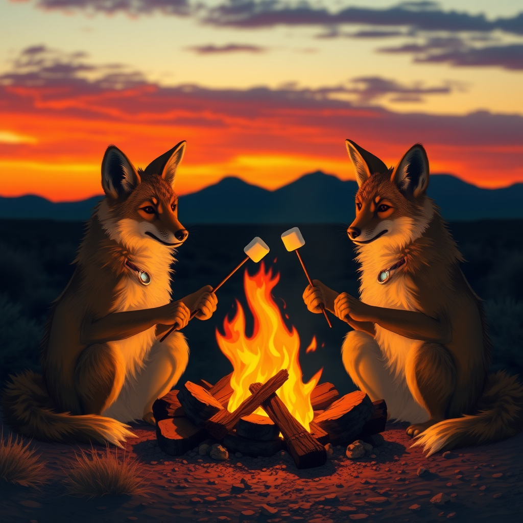 Arizona sunset with two coyotes sitting around a campfire holding sticks with marshmallows at the end of them.