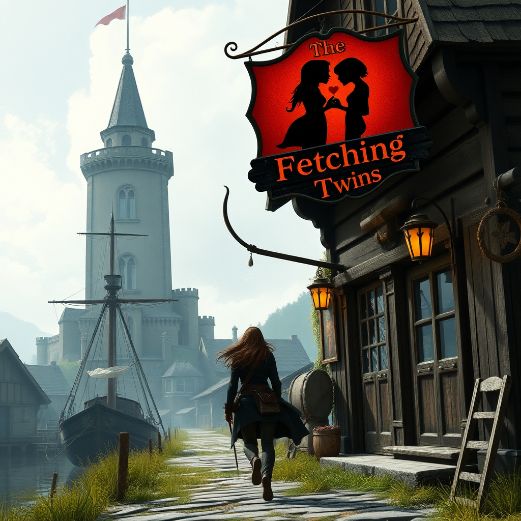 A wide distance shot of a female thief in a pastoral fantasy town. Mage tower in the background. She is fleeing from someone. Bar called "The Fetching Twins" sign (consisting of a silhouette of two women leaning together for a kiss). Village of Dryden, dock with a run down ship.