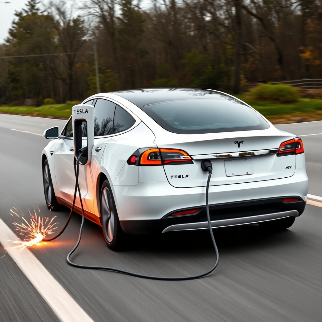 A woman driving a white Tesla with the charging cable still plugged into it because she forgot to unplug it before driving off. The car is in motion, on the road, with the entire Tesla Megacharger still attached, being dragged behind the car, sparking.