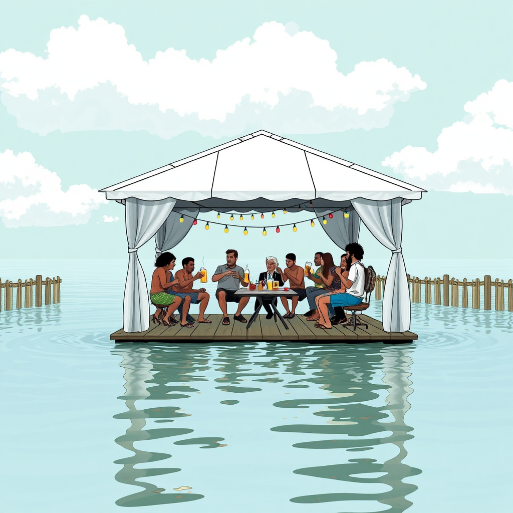 Create an image of a pavilion in a flooded environment and people comically partying on it drinking beer while the world is going to shit.