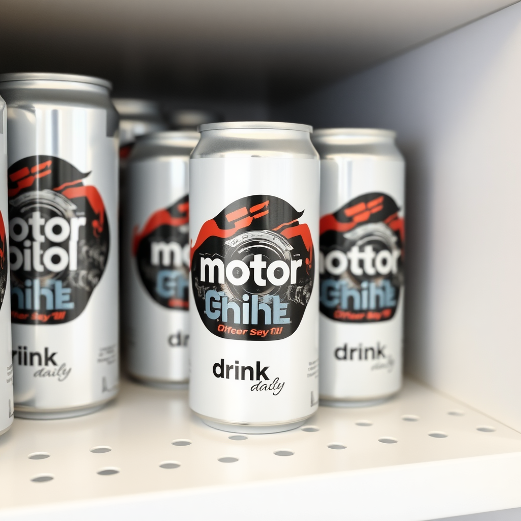 a small shelf with cans that have an image of car engine on the label and text saying "motor oil drink daily"