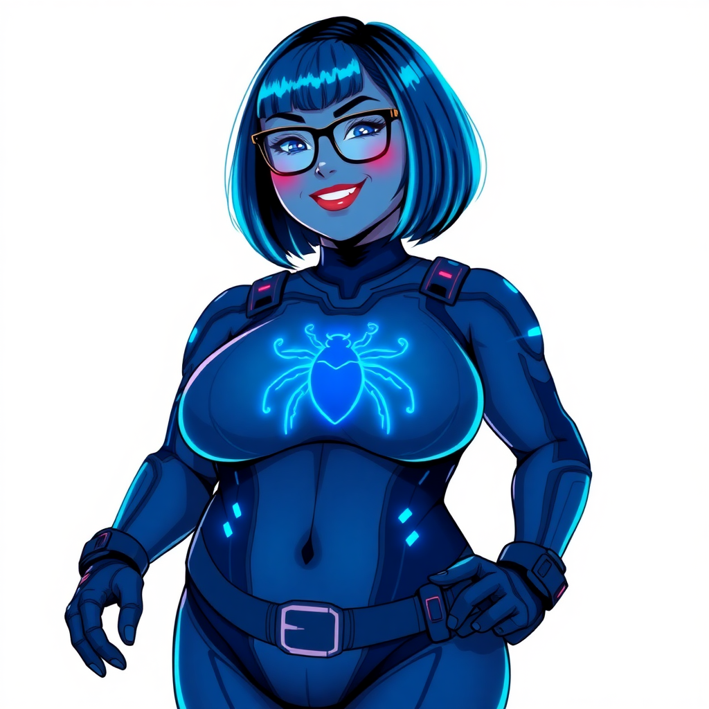 A 28-year-old full figured, computer science major, now transformed into a full figured, nerdy digital sidekick for her cyberpunk vigilante boyfriend, with maximum blue skin. Her bob cut seamlessly blends with her skin, appearing to merge together as computer data, and her neon blue eyes glow intensely. Her full figure is defined by a prominently, round, gargantuan midsection, sequoia-sized limbs, and broad shoulders. As a loyal and supportive sidekick, she plays a crucial role in their missions, using her digital skills to assist and protect.

She wears a digital, computerized maximum blue bodysuit which blends with her hair and skin (appearing to merge together like computer data), all are colored maximum blue. The bodysuit has a neon blue chest icon of a beetle, along with matching high-tech gloves. She bashfully giggles with a neon red blush, emitting neon blue data cubes from her body, set against a solid white background. Heavily pampered by her doting boyfriend, her full figure (especially her prominently round gargantuan midsection) clearly shows this care. She has the ability to hack into computers and machines, and her nerdiness is blatantly obvious with her black oversized eyeglasses. Her full figure (especially her prominently round gargantuan midsection) is prominently displayed and heavily emphasized. Her outfit is influenced by DC’s Jennifer Knight Phantom Lady but remains distinct. She is drawn as if she was in a retro 2D cyberpunk fighting game. Ensure she is distinct from Inside Out's Sadness, The Power of Surge's Debra and any other character. Ensure her midsection is round and her proportions are bloated to emphasize her figure.