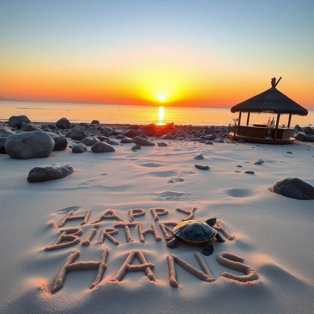 Beach with rocks, a wine and bar. Sunset. Sand spelling the words "Happy Birthday Hans." Turtle in sand.