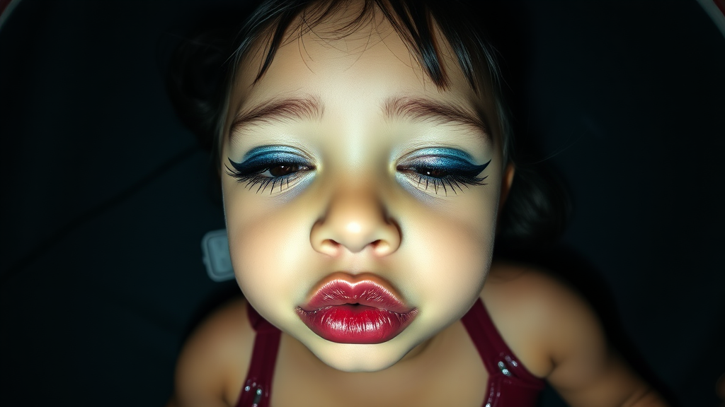 four-year-old-latina-female-child that has extremely big lips. She is wearing intense-blue-glitter-eyeshadow, thick-winged-eyeliner with very-dramatic-eyeliner-wings, and dark-burgundy-glossy-lipstick. She is wearing a tight-glossy-latex-sleeveless-crop. Her lips are puckered and her eyes are half closed. Fish-eye-lens, laying in a dark motel room, amateur flash photography.