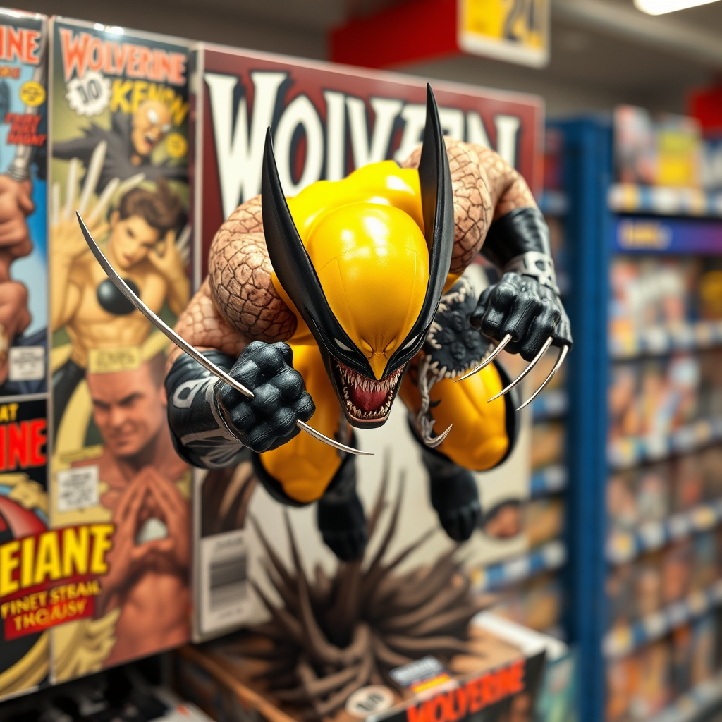 Jumping out of a comic book cover on a store shelf is Wolverine and Venom. Wolverine has his claws placed into Venom in Cinematic Real3D photo-realistic quality.