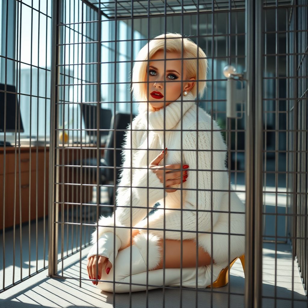 Sunny spring morning, modern glass-steel-concrete office, kneeling inside locked small steel cage, waiting for the master: Ana, European 17 years old very convincing femboy “trophy-bimbo”, tamed servile docile, very beautiful feminine flawless face, rather short boyish figure, platinum blond short tight curls, bold red lips, heavily made-up face, long French nails, wearing Supertanya-style chunky fluffy very fuzzy bright white plushy mohair figure-hugging turtleneck-knitdress with white pearl decoration, white vinyl thigh-high boots with golden heels white fur trim, pearl earrings, serious, leaning forward presenting her assets, arrogantly looking through grid at camera. Full view of office.