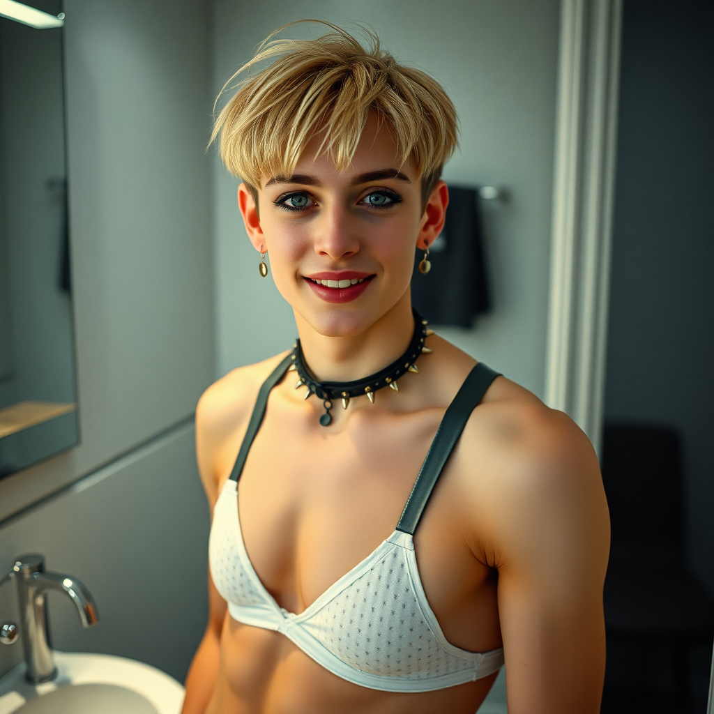 photorealistic, ultra high resolution, 16K, surreal fantasy, studio lighting, a pretty 16 year old goth boy, slim male physique, short blonde hair, goth makeup, earrings, pantyhose, harness, spikey dog collar and leash, trainer-bra, white ballet shoes, in the bathroom, excited smile, facing the camera.