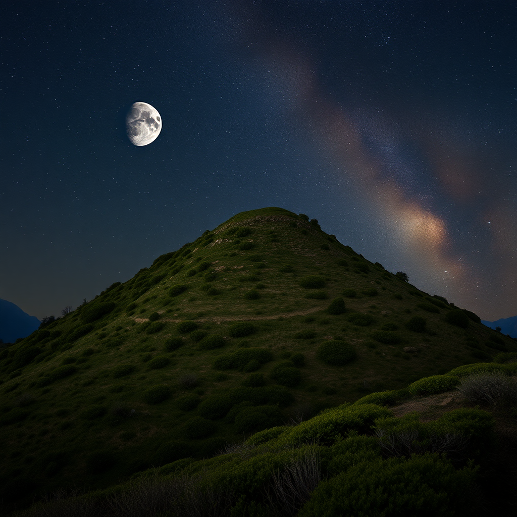 Hilly area of Marmilla, conical hill with vegetation, with the Moon and dark sky full of stars, and the Milky Way.