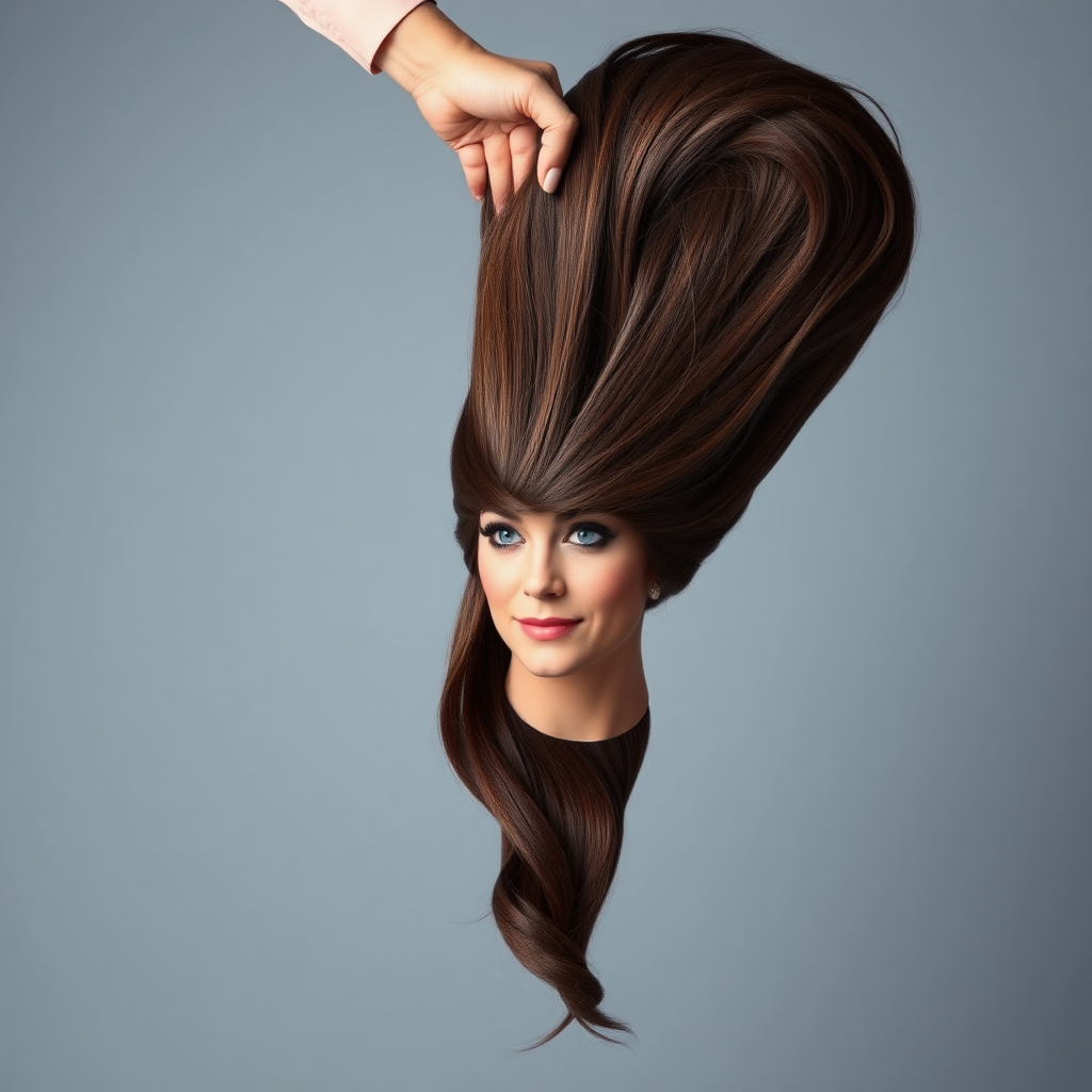 A surreal image of the beautiful disembodied head of a very long haired Kate Middleton. A hand is grasping the ends of her hair at the top of the frame while her head is hanging down from the other end. Plain gray background.