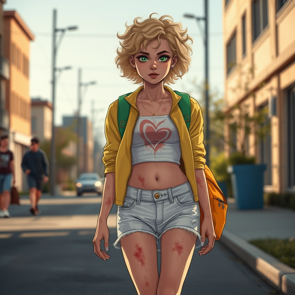 Ultra Realistic taken photo style image, Extremely good quality 8k resolution drawn manga image of a 15 year old petite and short tomboy girl with golden blonde curly hair with mixed and different colored eyes for each eye and moles on her entire body and is a white American girl, Has on a Gold Jacket over a white extremely short crop top only covering her breasts and nothing more with a design on it, and has on ripped shorts and cool looking sneakers and a deep and big wound on her stomach from a huge injury she had, with a bright color backpack, ear piercings on, walking on the street to school in the morning with the beautiful sunlight lighting up her body beautifully.