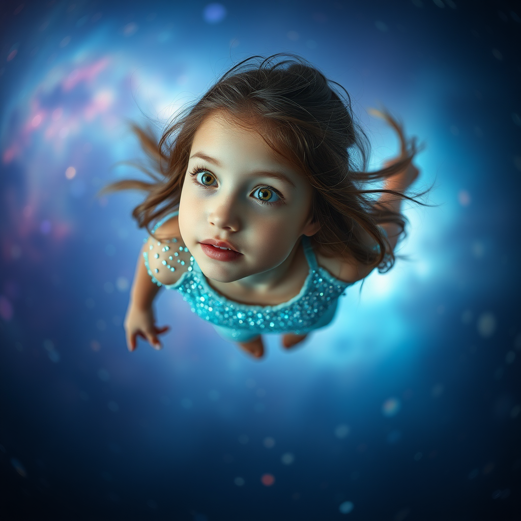 preteen girl floating in space, Low Key Lighting, dreamscape, nebula, Bokeh, abstract, brilliant colors, glittering, translucent, iridescent, natural skin, glowing, artistic photo, panoramic, interesting, microscopy, airy, original, experimental, interdimensional