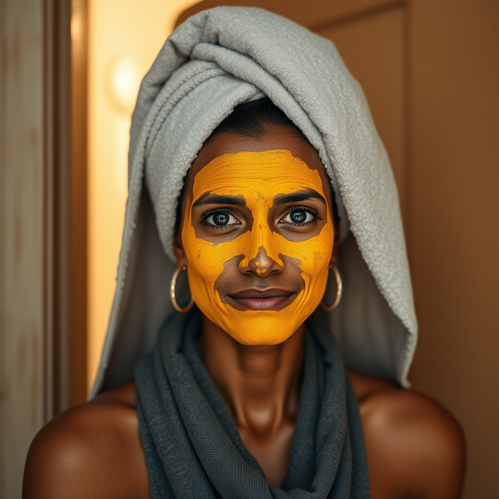 slim, 30 year old, indian wife, towel head, turmeric face mask, opening a door