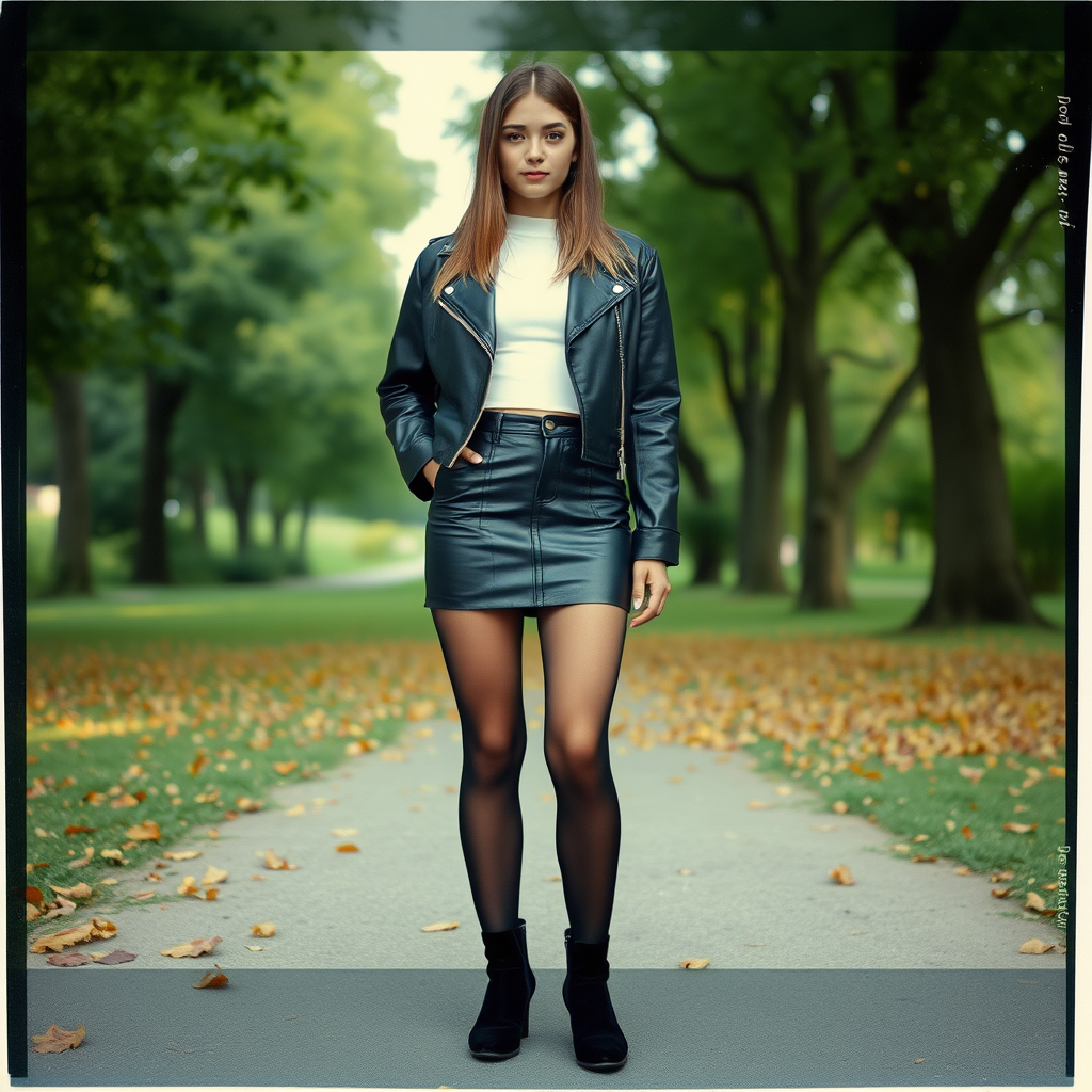 Ultra High Resolution Photo of a young woman with neck-length hair, wearing a white fitted top, a black leather cropped jacket, a black leather mini skirt, black sheer tights, and black suede boots with slight heels. The full-body shot from head to toe is set in a park background, showcasing lush greenery and autumn leaves. The photo is captured with a Polaroid instant camera, which adds a distinctive vintage feel to the image. The lighting is natural, highlighting the contrast between her modern outfit and the classic park setting. The Polaroid effect creates a slightly soft and nostalgic look, with the unique color tones and borders characteristic of instant film.