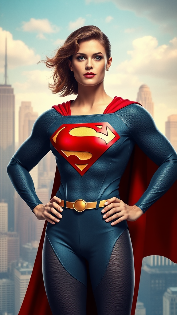 Create a full-length image of Superman using the female body structure of Elastigirl while retaining the original head, hairstyle, and facial features. Maintain Superman's iconic costume, adding unique embellishments to fit the new proportions. The background should blend elements inspired by both characters, featuring a city skyline with a vibrant and whimsical atmosphere. Capture the essence of strength and heroism, merging Superman's iconic traits with Elastigirl's dynamic style.