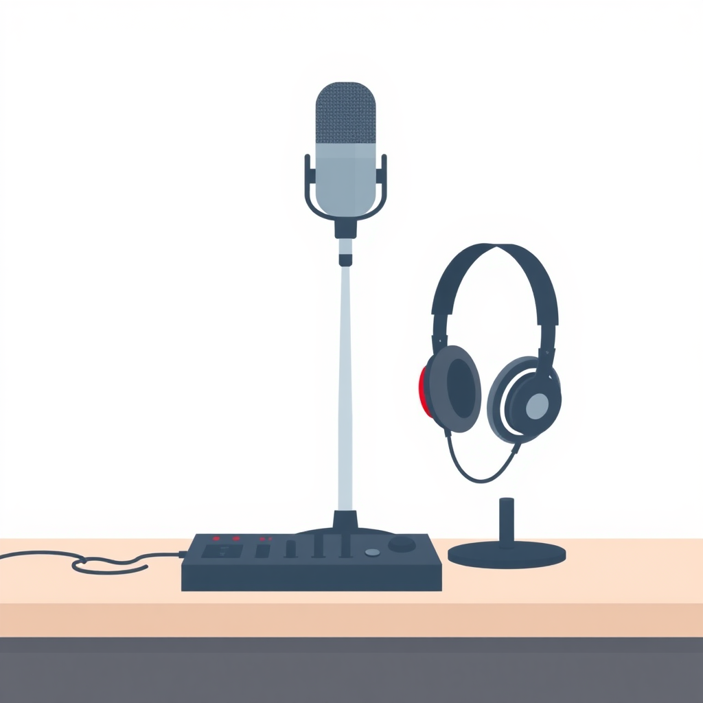 A minimalist, flat design illustration of a podcast setup. The image should include a microphone on a stand, headphones, and a sound mixer on a simple desk or tabletop. The background should be a plain, neutral color like white, gray, or light blue. The overall style should be clean, modern, and visually appealing as a generic stock image for podcasting.