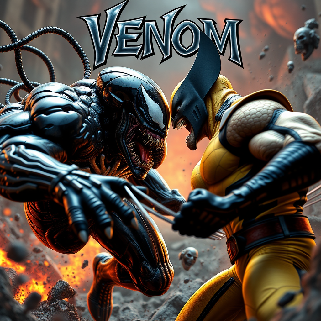 jumping out of an epic comic book cover is Venom Vs Wolverine head-to-head in battle. Cinematic Real3d photo-realistic quality.