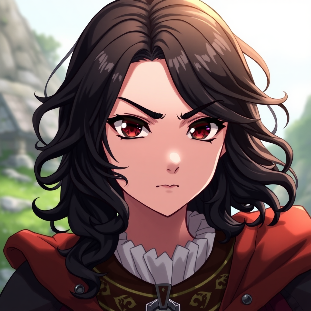 1girl, anime, highly detailed, fantasy, medieval, reluctant queen who has a scowl on her face, looking at the viewer. Her hair is wavy, black, and shoulder length. Her eyes are dark brown and have a confident and self-assured gaze to them.