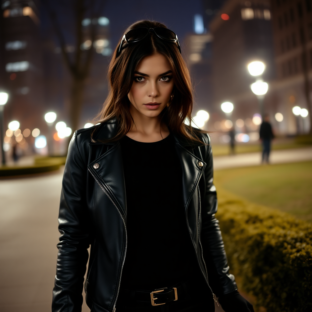 A beautiful brunette badass female burglar in black leather jacket over black t-shirt with black pants and gloves in Manhattan park at night.