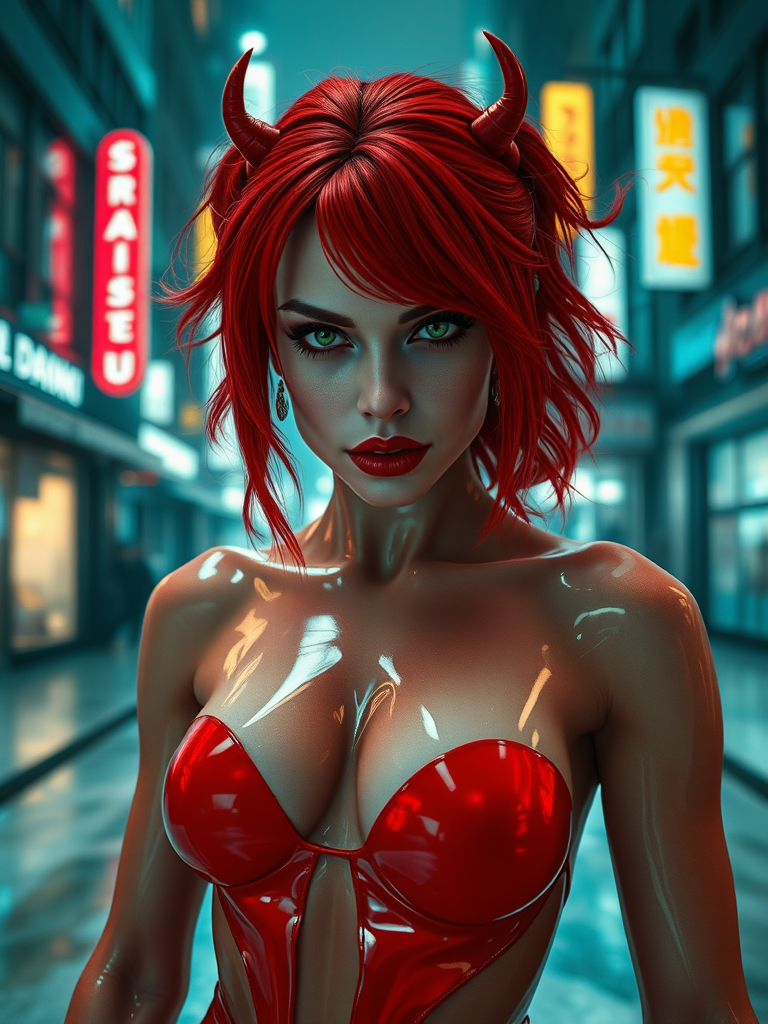 succubus, inside in a Grand Theft Auto city Altered Carbon, white gelatins floating, red hair, green eyes neon, mouth closed with a sarcastic expression of irony, ice street in city, using red gelatin swimsuit translucent metallic red skin, front posing, full body view, Image 9:16 Resolution HD High Quality, cinematic corrected lighting, hyper-realistic saturation in layer fusion with 8K cinematic HDR traces in Real Tracing perspectives, realism vision colors Impact of Realism in the reflections of the environment inspired by wet