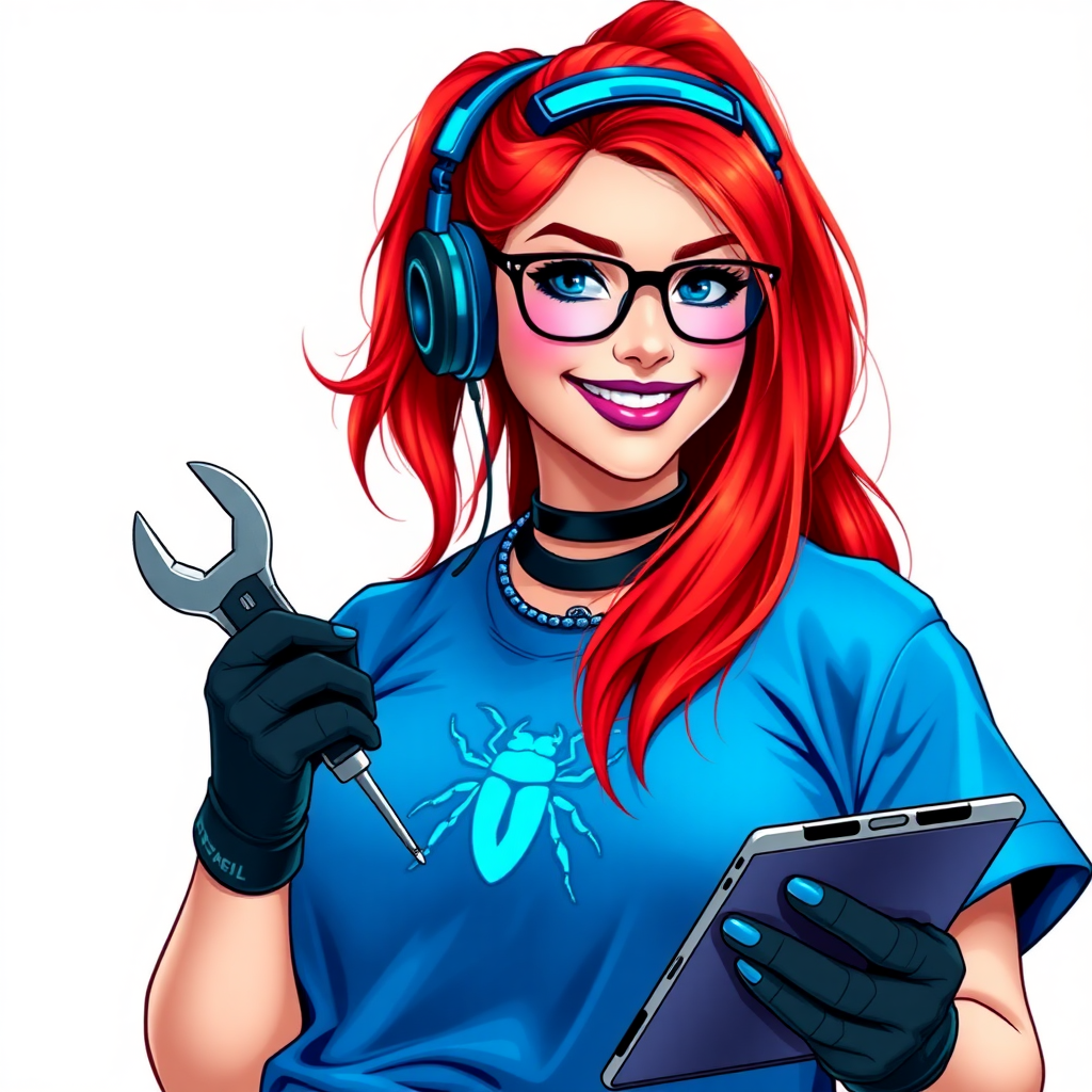 An intelligent and tech-savvy 29-year-old computer hacker and tech genius. She has a long ruby red ponytail. She wears maximum blue lipstick, blue eyes, a sapphire beetle gemstone necklace, sapphire earrings, black eyeglasses, hi-tech power gloves, and an oversized maximum blue t-shirt featuring a neon blue glowing beetle chest icon. She has a gargantuan full-figured physique with round midsection, reflecting her well-cared-for lifestyle. She sports a sapphire headset with a hi-tech maximum turquoise lensed HUD, and a beaming smile accentuated by a passionate neon red blush. She serves as his tech expert from his hideout, holding a futuristic tool wrench and a futuristic digital tablet. The background is solid white. She is drawn as if she was in a retro 2D cyberpunk fighting game.