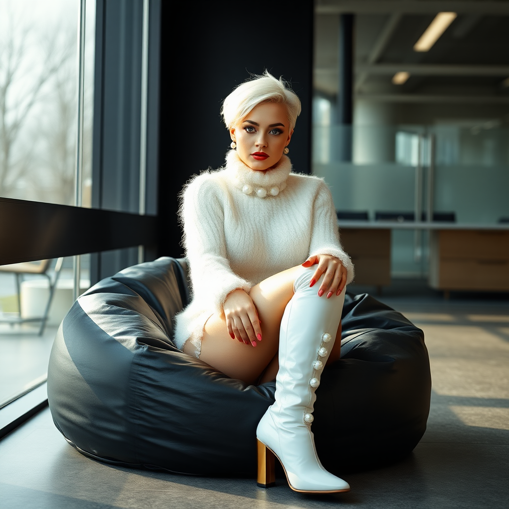 Sunny spring morning, modern glass-steel-concrete office, sitting on black leather beanbag at wall, waiting for the master: Ana, European 17 years old very convincing femboy “trophy-bimbo”, tamed servile docile, very beautiful feminine flawless face, rather short boyish figure, platinum blond short tight curls, bold red lips, heavily made-up face, long French nails, wearing Supertanya-style chunky fluffy very fuzzy bright white plushy mohair figure-hugging turtleneck-knitdress with white pearl decoration, white vinyl thigh-high boots with golden heels, pearl earrings, serious, leaning forward presenting her assets, arrogantly looking at camera.