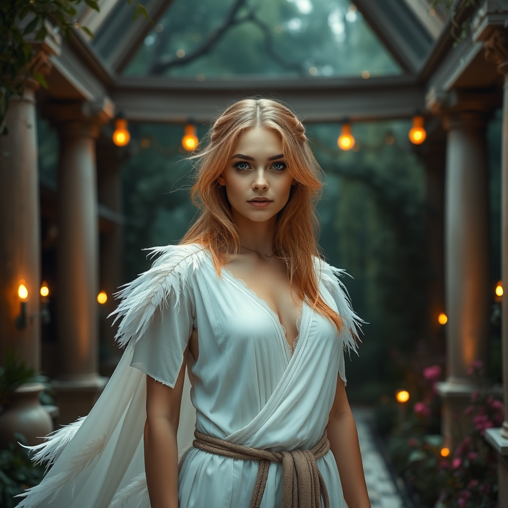 A twenty something elven female like Ana de Armas, athletic, thin, medium length wild strawberry blond hair. In a garden temple, magical fairy lights glowing. Wearing flowing white robes adorned with feathers.