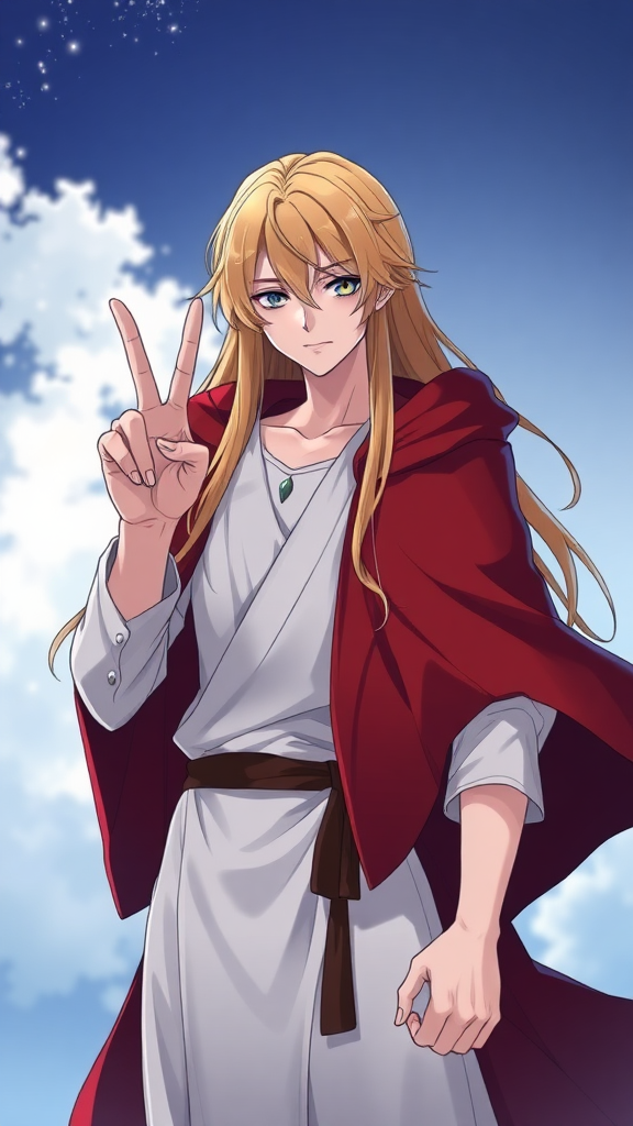 anime long haired blonde boy peace sign, white robe, red cape, flat chest, flat chested, feminine face