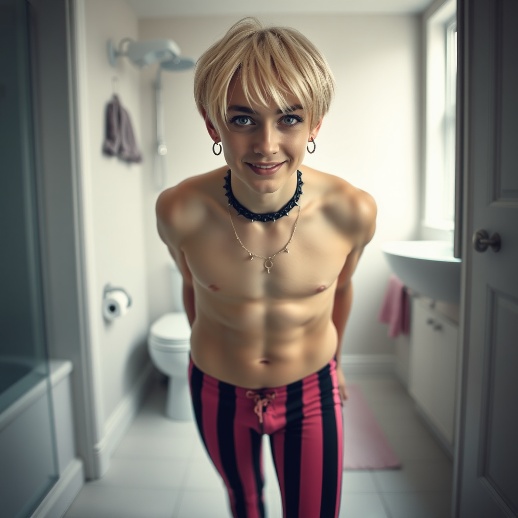 photorealistic, ultra high resolution, 16K, surreal fantasy, soft studio lighting, Caleb Swift is a pretty 16 year old goth male, slim male physique, blonde hair, blue eyes with enlarged pupils, goth makeup, earrings, pink & black vertically striped pantyhose, spikey neck collar with chain, standing on the floor of the bathroom, aroused excited smile, bulging crotch, full body front view of Caleb facing the camera.