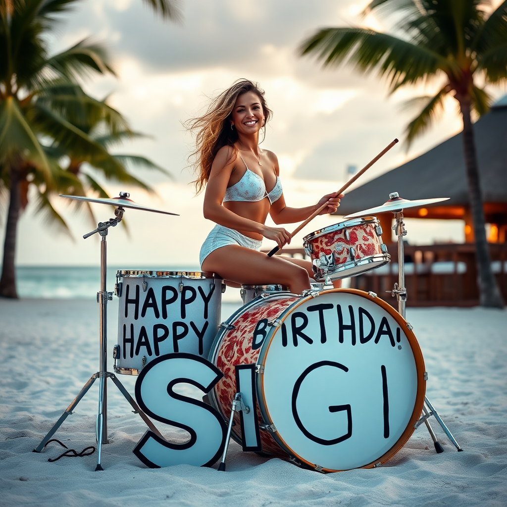 Lady sitting on drumset with white bass drum on beach with palms and bar, bass drum spelling the words "Happy Birthday Sigi"