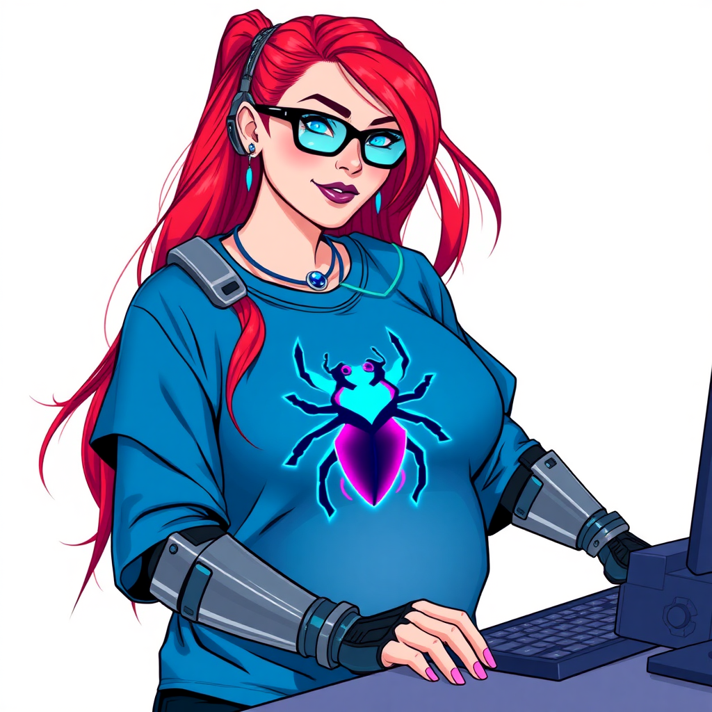 A cyberpunk vigilante’s full-figure intelligent and tech-savvy 28-year-old girlfriend, who is a computer hacker and tech genius. She has a long ruby red ponytail. She wears maximum blue lipstick, blue eyes, a sapphire beetle gemstone necklace, sapphire earrings, black eyeglasses, hi-tech metal arm armor, and an oversized maximum blue t-shirt featuring a neon blue glowing beetle chest icon accentuating her prominent, round, gargantuan midsection. She sports a sapphire headset with a hi-tech maximum turquoise lensed HUD, and a shy smile with a neon red blush. She serves as his tech expert from his hideout, diligently working at her lab table and computer desk. The background is solid white. She is drawn as if she was in a retro 2D cyberpunk fighting game.