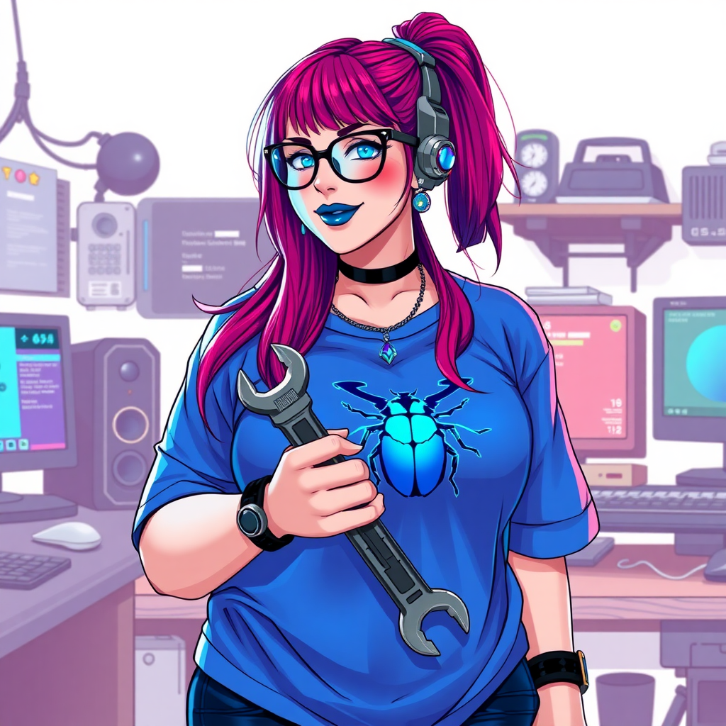 A cyberpunk vigilante’s full-figured intelligent and tech-savvy 29-year-old girlfriend, who is a computer hacker and tech genius. She has a long ruby red ponytail streaked with sky blue. She wears maximum blue lipstick, blue eyes, a sapphire beetle gemstone necklace, sapphire earrings, black eyeglasses, a futuristic holographic wristwatch computer, and an oversized maximum blue t-shirt featuring a neon blue beetle chest emblem. She has a full-figured, well-rounded physique with a prominent, round midsection, reflecting her well-cared-for lifestyle. Her round midsection is broadened and bloated to emphasize her figure. She sports a sapphire headset with a high-tech maximum turquoise lensed HUD, and a shy smile with a neon red blush. She is holding a futuristic hi-tech wrench while standing in her workshop in front of her computer desk and work bench. The background is solid white. She is drawn as if she was in a retro 2D cyberpunk fighting game.