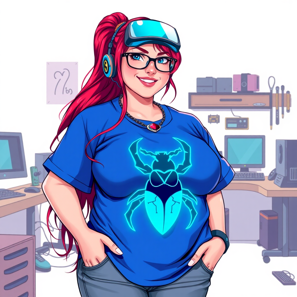 A cyberpunk vigilante’s full-figured intelligent and tech-savvy 29-year-old girlfriend, who is a computer hacker and tech genius. She has a long ruby red ponytail and bright blue eyes. She wears a sapphire beetle gemstone necklace, and an oversized maximum blue t-shirt featuring a giant neon blue glowing icon of a beetle on its chest. She has a full-figured physique with a prominently, gargantuan, well-rounded midsection, reflecting her well-cared-for lifestyle. The midsection is heavily emphasized. She sports a sapphire headset with hi-tech maximum turquoise lensed HUD visor, black eyeglasses, and a beaming smile with a passionate bright red blush. Despite her figure and a lack of self-esteem, she radiates an air of beauty. She has a slim face which contributes to her radiant beauty. She serves as his tech expert from his hideout, dutifully working at her workshop with a computer desk and tool bench. The background is solid white. She is drawn as if she was in a retro 2D cyberpunk fighting game. Ensure her shirt covers her midsection.