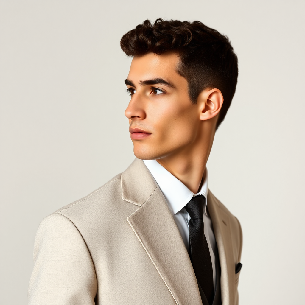 Tall male model in profile, dressed in a light elegant suit, patent leather shoes, very short fine curly hair, oval face, small nose, brown eyes, thin lips, normal attached ears, slight double chin, Mediterranean complexion, very thin brown eyebrows.