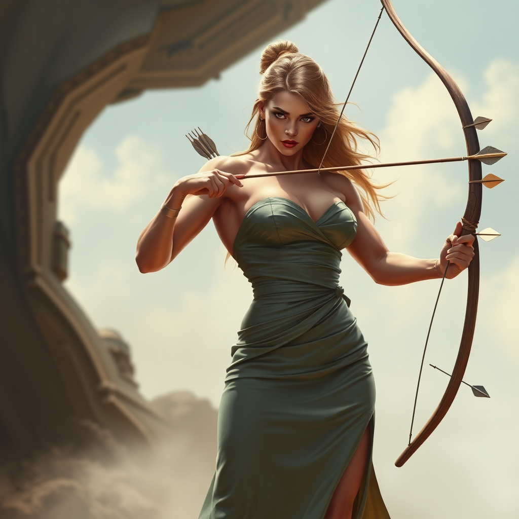 huge massive strong muscular bodybuilder girl, strapless dress, archer throwing arrows