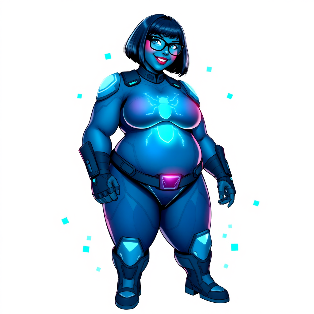 A heavily, extremely, and intensely pampered nerdy full-figured middle blue skinned digital sidekick, a 28-year-old computer major, has been transformed by her doting vigilante boyfriend. Her middle blue skin and bob cut seamlessly integrate with her data, and her neon blue eyes glow with intelligence. Her physique, now showcasing a gargantuan round midsection, massive limbs, and broad shoulders, contrasted by a slim face, clearly reflects her indulgence and pampering. Her full figure is prominently highlighted, with her prominent, gargantuan, round midsection and massive limbs emphasizing her pampered sidekick status. As the loyal and supportive sidekick, she plays a crucial role in their missions, using her digital prowess to assist and protect.

She wears a digital maximum blue bodysuit, featuring a neon blue glowing beetle chest icon, digital maximum blue boots, and matching high-tech gloves. She bashfully giggles with a neon red blush, emitting neon blue data cubes from her body. Her full figure, now gargantuan and heavily emphasized by her nerdy appearance, clearly shows how pampered she is. Her nerdiness is accentuated by her black oversized eyeglasses.

Her outfit, influenced by DC’s Jennifer Knight Phantom Lady, remains distinct. Adding to her pampering, she serves as his minicomputer, traveling in his high-tech wristwatch and supercar’s computer system. Using her ability to hack into computers and machines, she relays crucial knowledge relating to his missions.

Her prominent, gargantuan, rounded midsection and massive limbs are on full display, emphasizing her indulgence and pampering while maintaining her nerdy physique. She is on a solid white background. She is drawn as if she was in a retro 2D cyberpunk fighting game. Ensure her midsection is round.