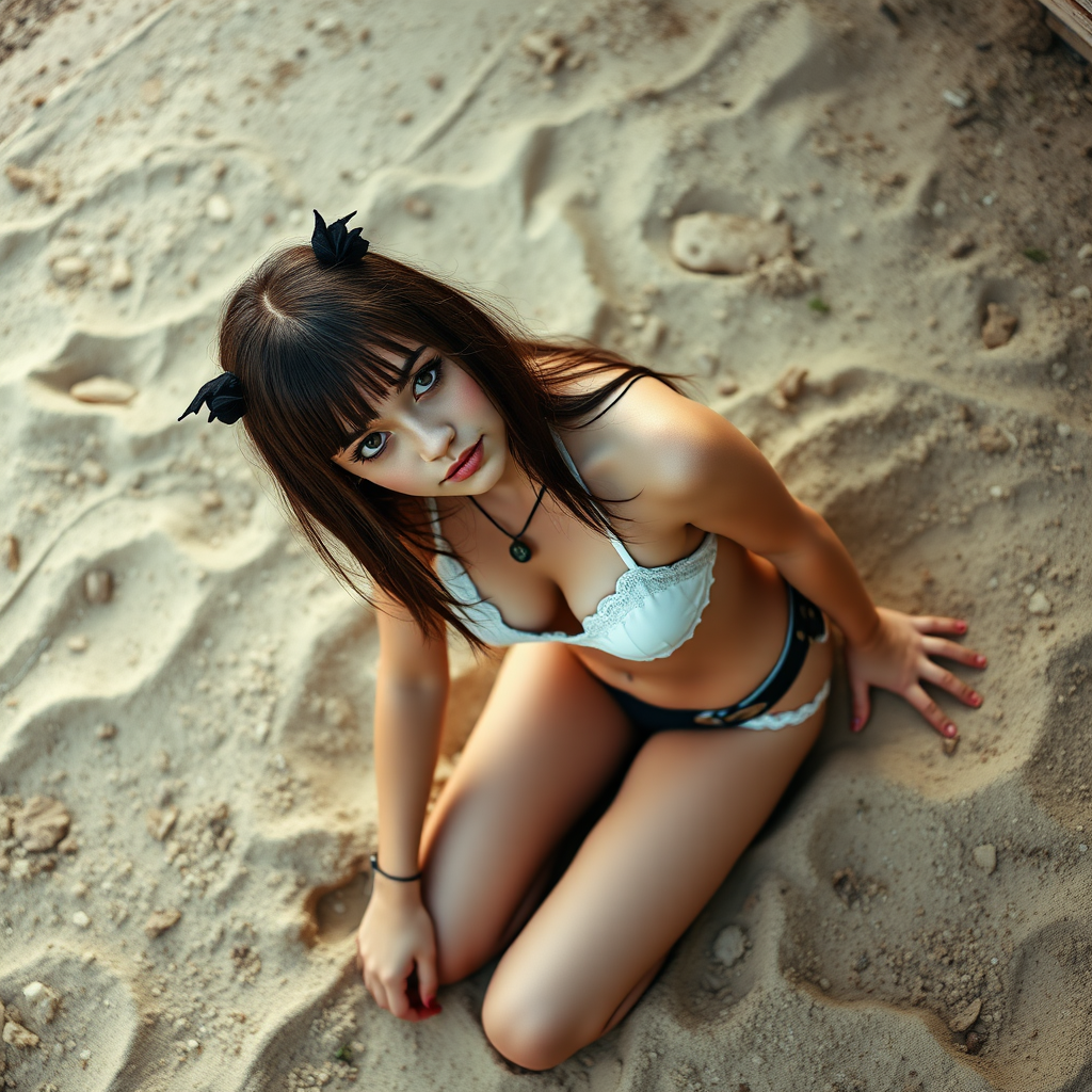 16 year old goth girl kneeling in a sandbox, bikini, from above, heavy makeup