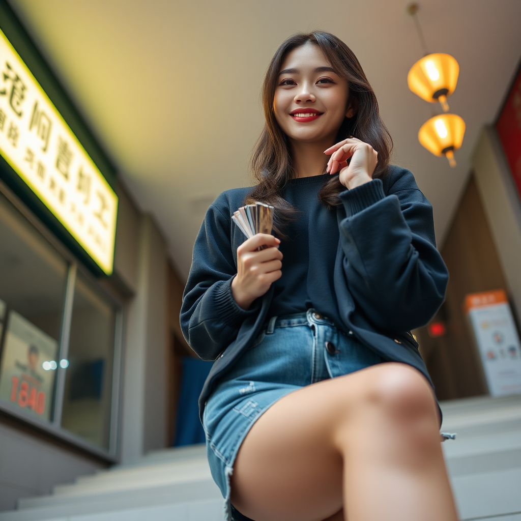 photo low angle full body shot beautiful xiaomeimei smiles and holds something near her thigh