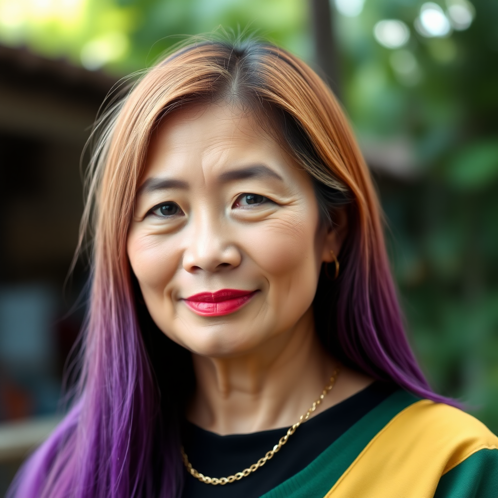 A 45-year-young North-East Thai woman with gold and violet colored long straight hair and a fine gold chain.