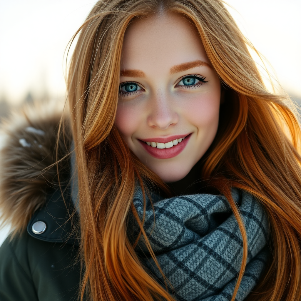 beautiful young woman with ginger cherry blonde long hair, happy full lips, perfect eyebrows, pale skin, on Alaska during winter in Anchorage on sunny snow day