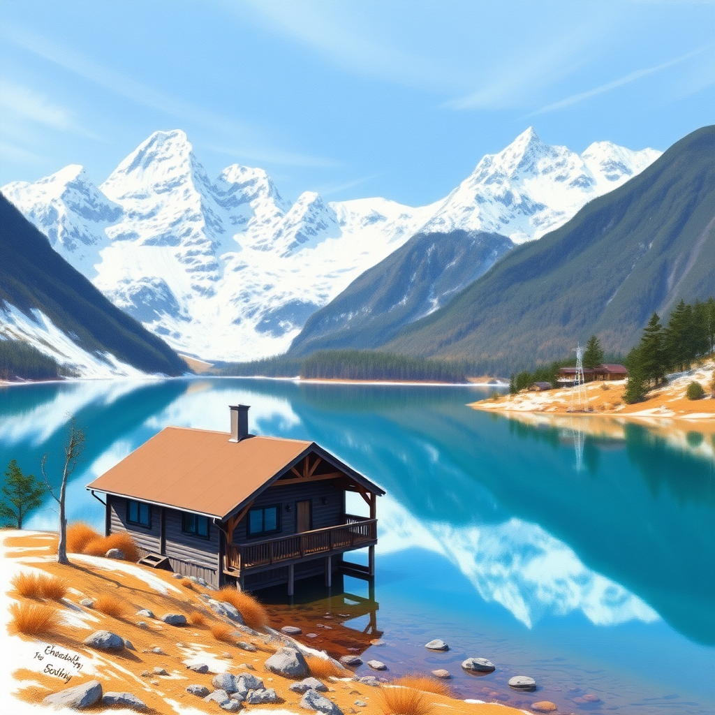 A refreshing landscape with a tranquil lake in the foreground reflects breathtaking snow-capped peaks. This scene captures a quiet mountain house made of dark wood located near the water’s edge, with a nearby ski lift tower in view. The water, crystal clear, displays vibrant turquoise tones that beautifully contrast with the earthy browns and greens of the surrounding terrain. The sky adds to the serene atmosphere with soft blue hues and wispy clouds. Pastel sketch techniques are employed.