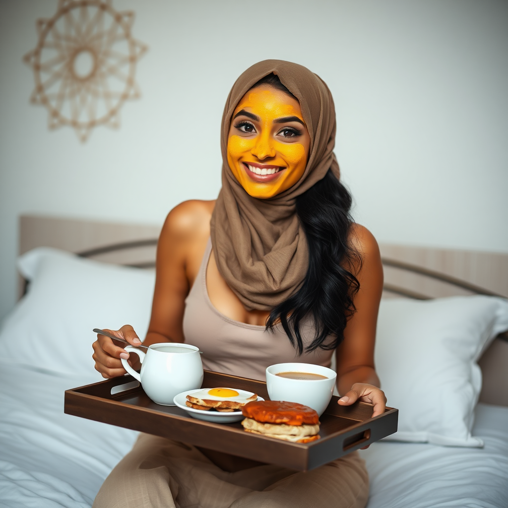 slim, 30 year old, sexy, indian wife, scarf head, turmeric face mask. She is smiling and serving breakfast on a tray on bedside table